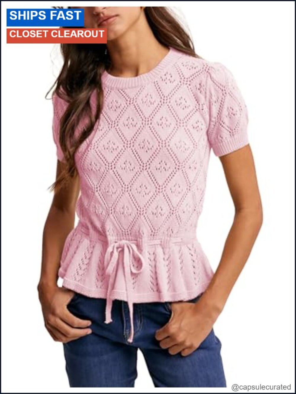 Cotton Crochet Knit Peplum Top Short Sleeve Tie Front